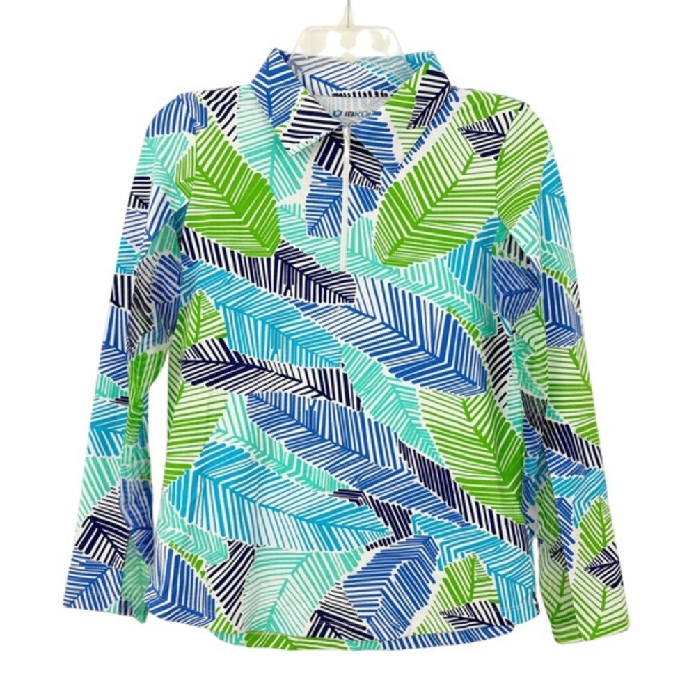 IBKUL Marley Print Long Sleeve Quarter Zip Top Size S Blue Green‎ Leaf Collar